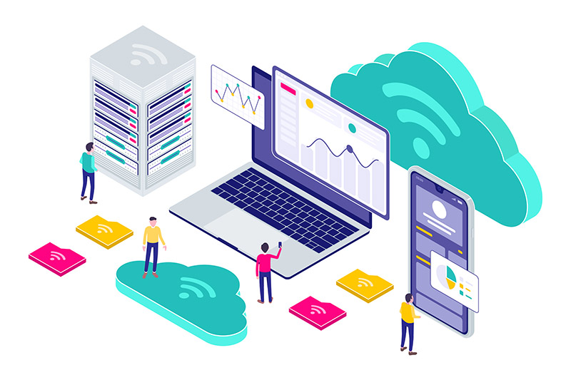 Illustration of cloud computing and data analytics with a laptop, server rack, large cloud, and mobile device connected by wireless signals.