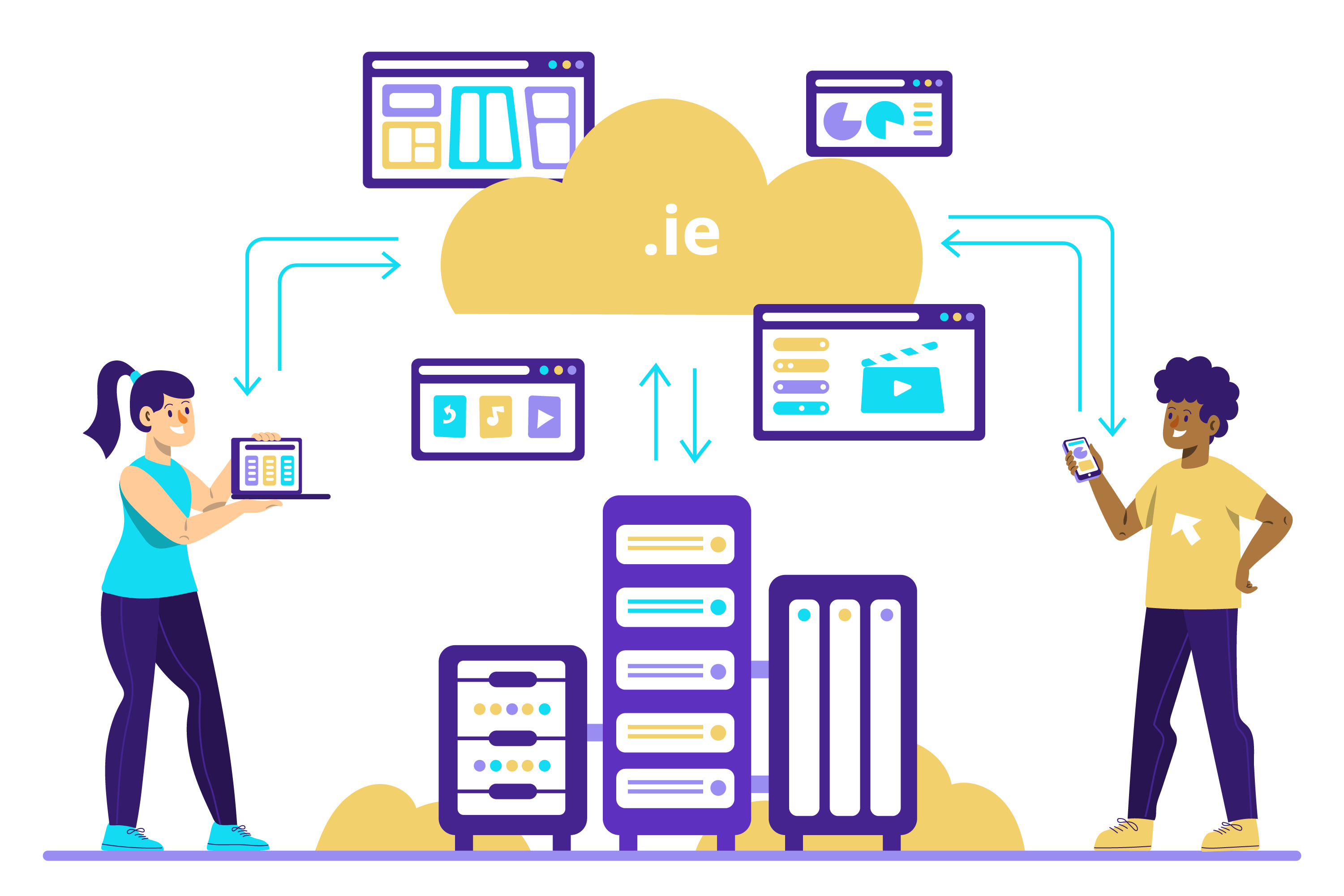 Illustration of two people using devices connected to cloud services with various interface icons.