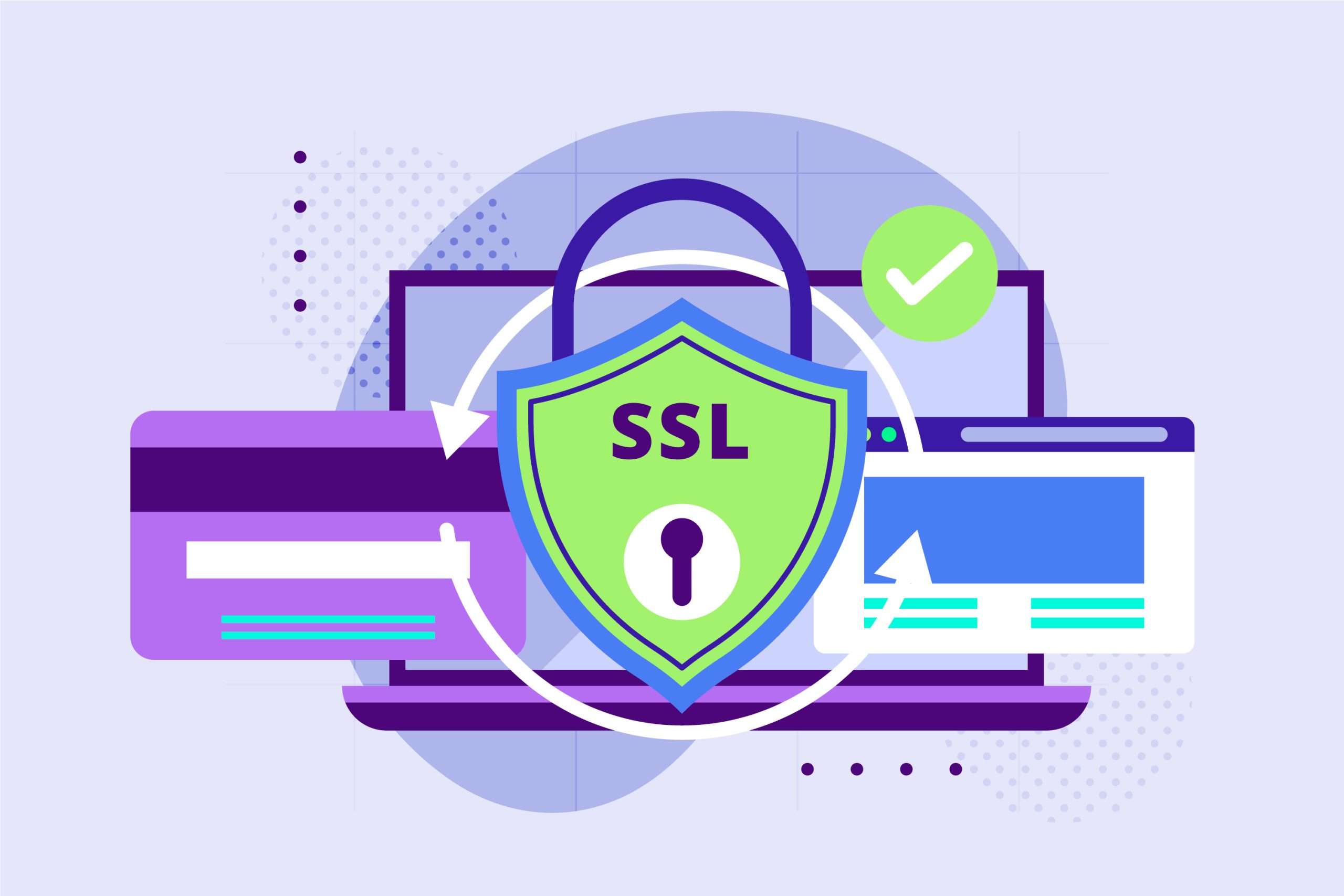 Illustration of SSL encryption with a shield, a lock, credit cards, and a browser window.