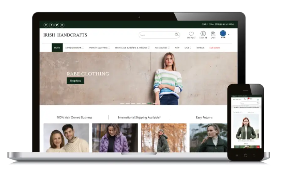 Laptop and smartphone displaying an Irish Handcrafts clothing website.