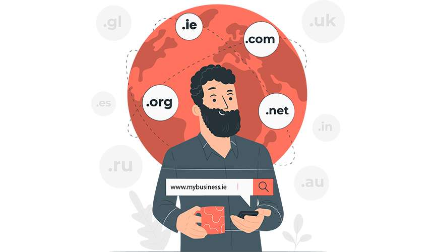 Illustration of a man with various internet domain suffixes in the background.