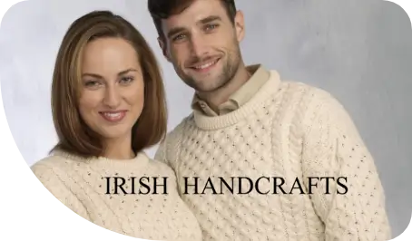 irish handcrafts logo with people wearing their clothes in background