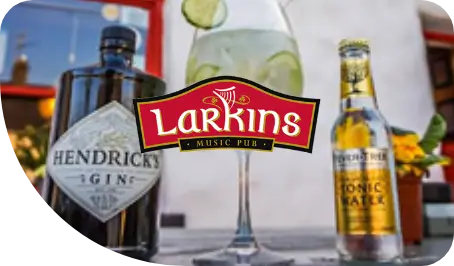 Larkins pub logo with drink ins in background