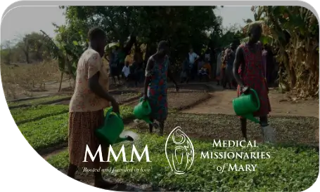 Women carrying water jugs in a rural setting with "Medical Missionaries of Mary" logo visible.