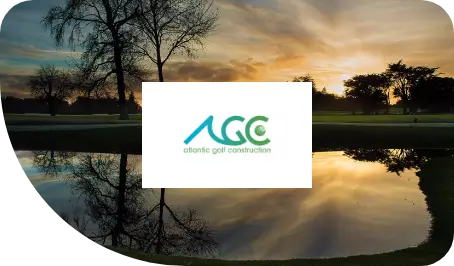 Atlantic Golf Construction logo with lake background