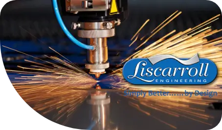 Close-up of cutting machine in operation with sparks and "Liscarroll Engineering" logo.