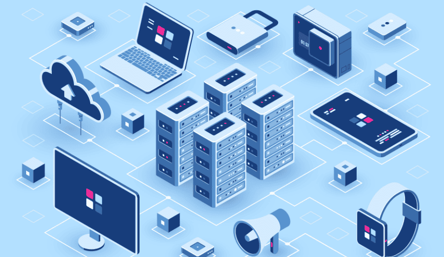 Illustration of a network infrastructure with servers, computers, and cloud services.