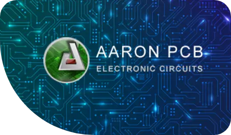 Logo of "AARON PCB ELECTRONIC CIRCUITS" over a blue printed circuit board background.