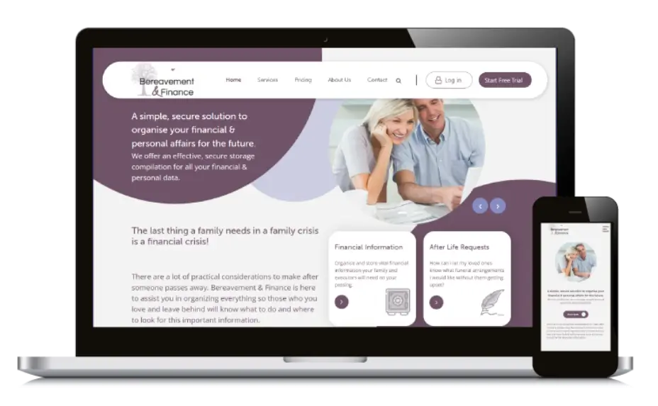 laptop and smartphone mockup of bereavement and finance