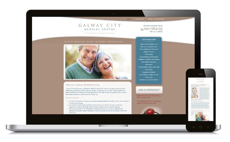 laptop and smartphone mockup of Galway city medical center