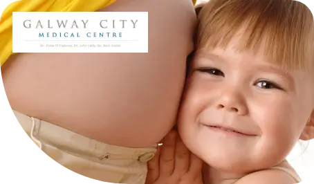 A pregnant person holding their belly, with "Galway City Medical Centre" logo in the background.