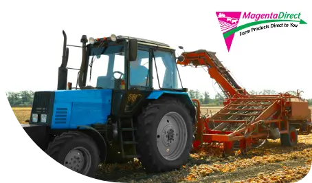 Magenta direct logo with background of tractor