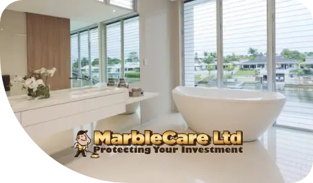 Marblecare logo over image of bathroom