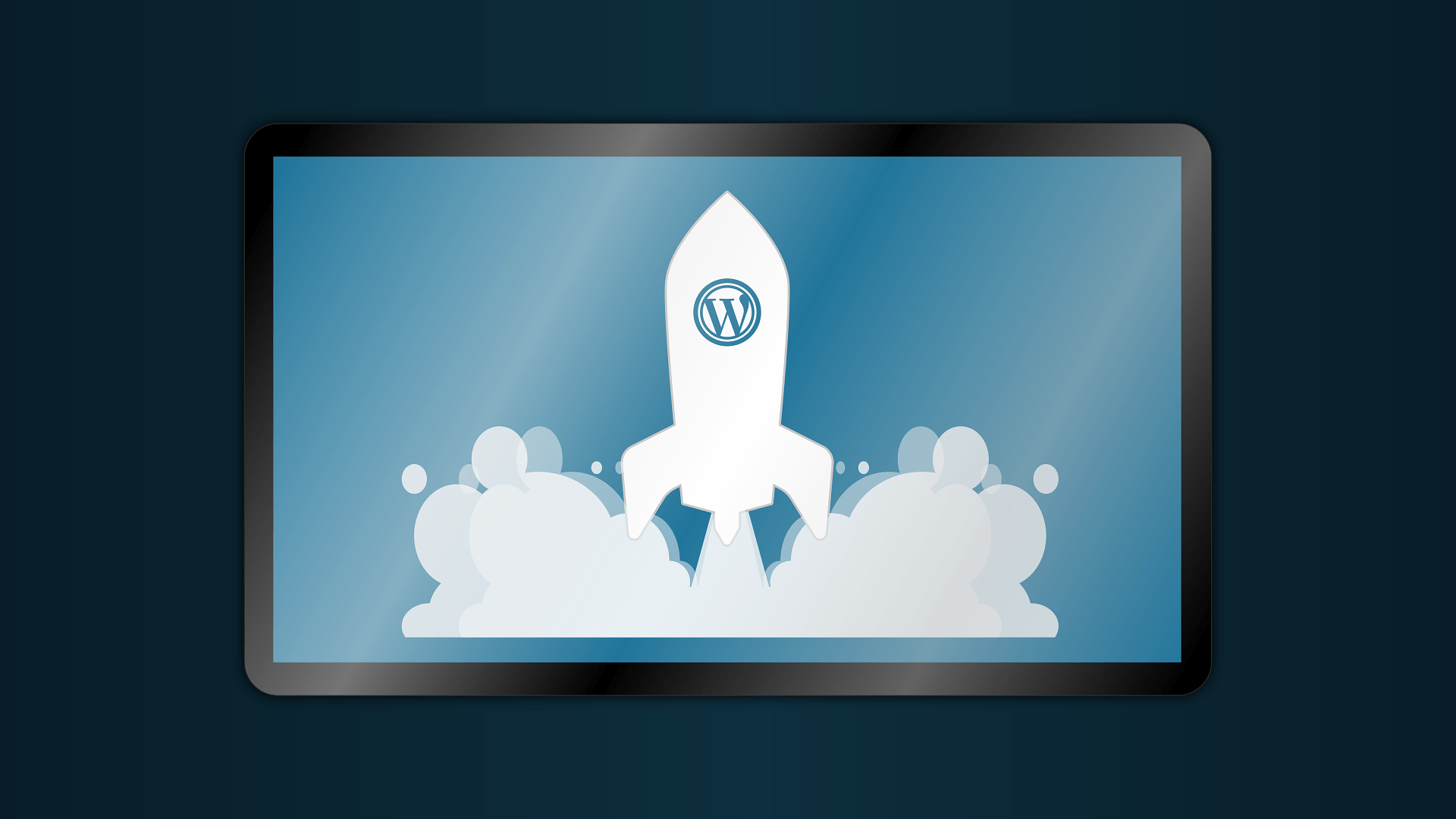 Illustration of a white rocket with a WordPress logo taking off against a blue background.