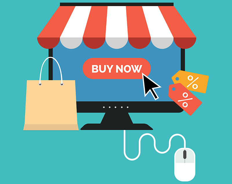 Online shopping illustration: a monitor with a storefront awning, a prominent 'BUY NOW' button, a shopping bag, sale tags, and a computer mouse connected by a cord.