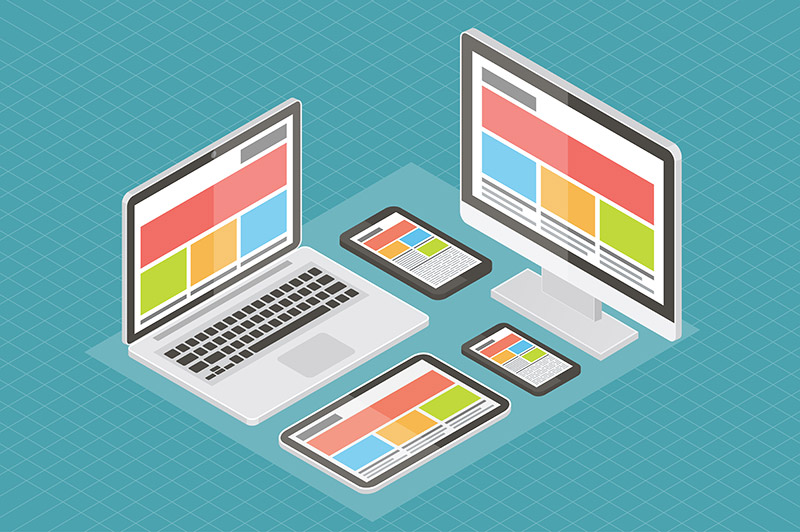 0_MzUzLWNvbXBz - Flo Web Design Isometric illustration of a laptop, desktop, tablet, and phone displaying a colorful website layout.