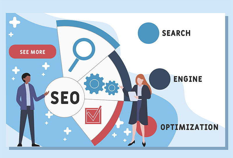 Infographic about SEO concepts with a shield labeled 'SEO', gears, a magnifying glass, and labels for Search, Engine, and Optimization with two people presenting.