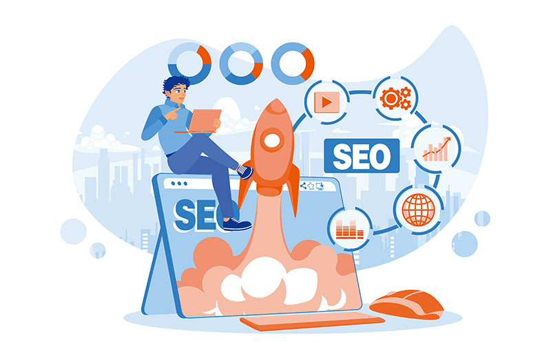 Man using a laptop with SEO rocket hologram and SEO icons