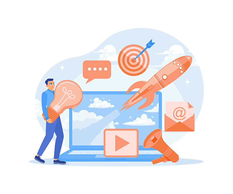 The entrepreneur develops business ideas. Improve marketing to achieve business goals. Digital Marketing concept. Flat vector illustration.