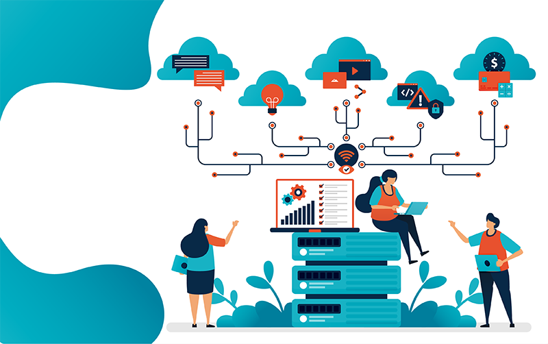 Server data center landing page design. data storage and analysis services in database, computing support and big data management services. vector illustration for poster, website, flyer, mobile app