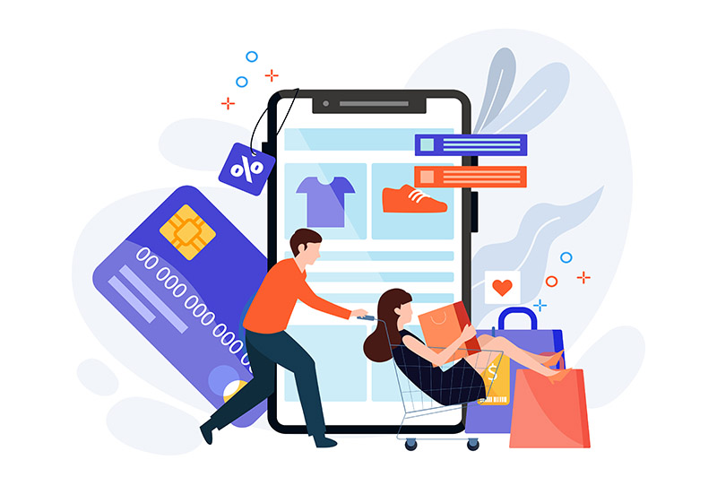 Illustration of man and woman online shopping