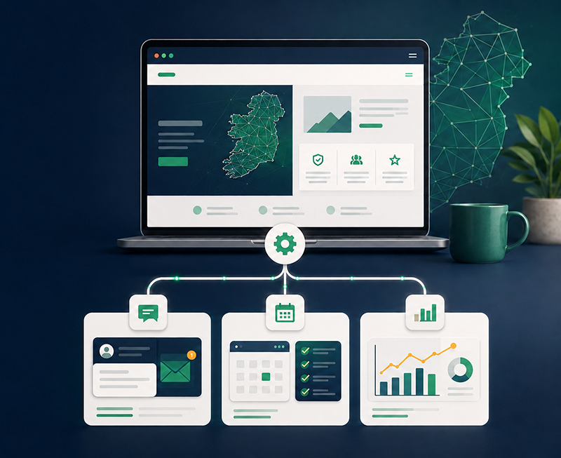 Laptop displaying an AI-powered business website dashboard with automation tools, analytics, scheduling, and customer management features for Irish businesses.