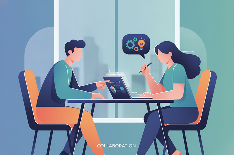 Two professionals collaborating over a laptop to plan and build a website, illustrating the complete process from brief to launch.