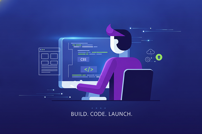 Developer building a website on a desktop computer with coding elements on screen, representing the signs that it's time for a website rebuild to improve performance and customer experience.