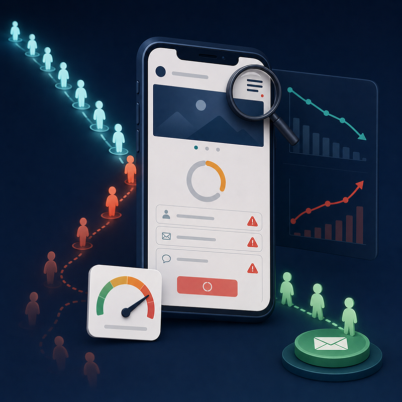 Smartphone displaying a website performance dashboard with analytics, alerts, conversion tracking, and a magnifying glass, illustrating how a website might be losing customers.