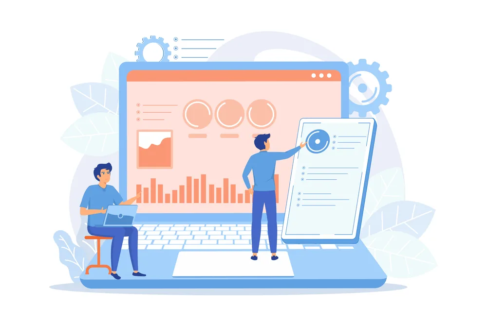 Static Vs Dynamic Websites illustration showing website content, analytics, and development features