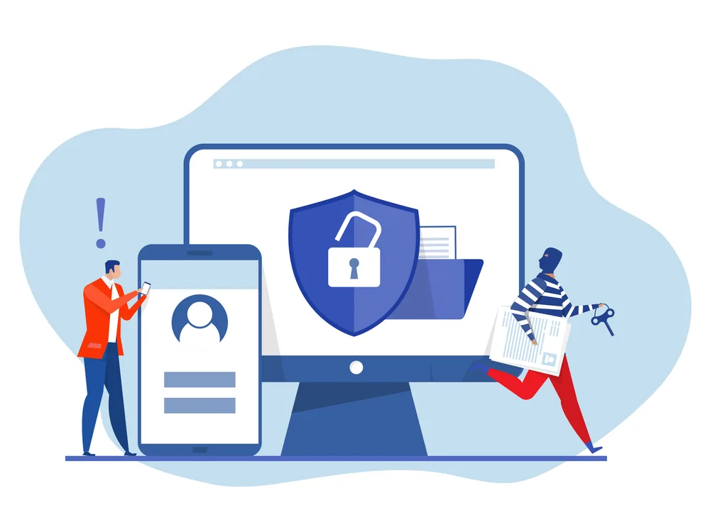 Website Security illustration showing a protected computer, user account, and security shield