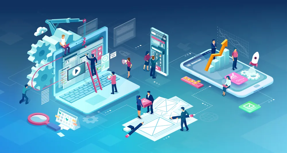 Front-End vs Back-End Development illustration showing website design, coding, development, and digital technology