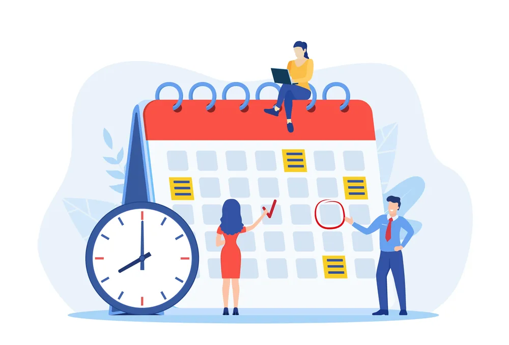 Website Timelines illustration showing a calendar, clock, and team planning project milestones